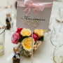 dekoracja sli weselnej - kompozycja kwiatowa, pływające świece w stojaku